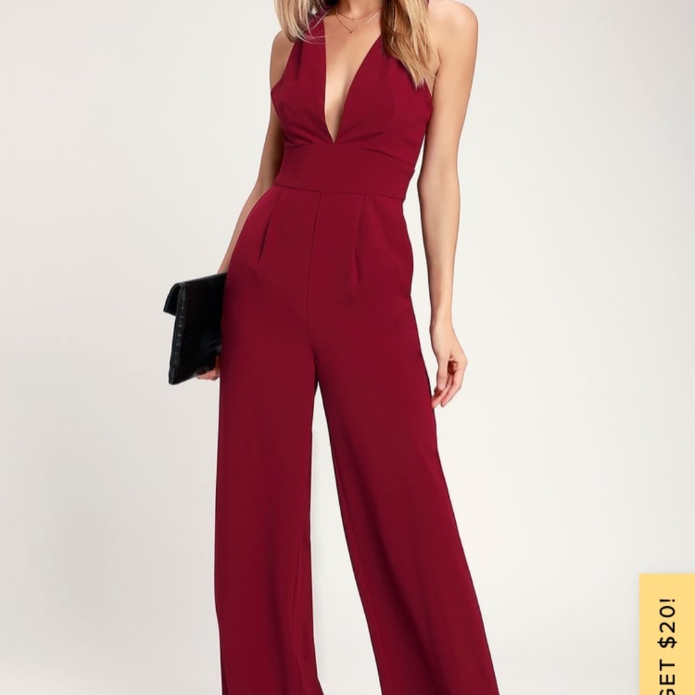 Lulu’s Never Looking Back Burgundy Backless Jumpsuit